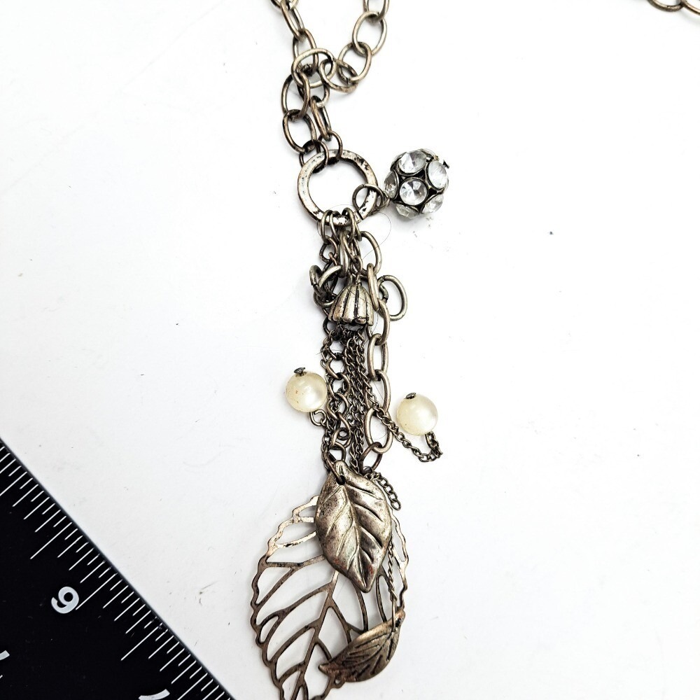 VTG Leaf Charm Y Necklace 28" Silver Tone Rhinestone Accent Fashion 80s Jewelry - Picture 3 of 6